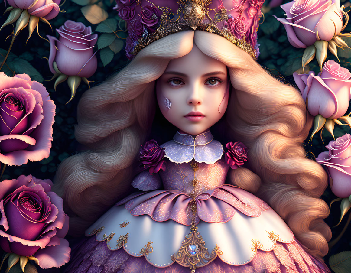 Digital Artwork: Young Girl in Pink & Gold Princess Attire surrounded by Roses