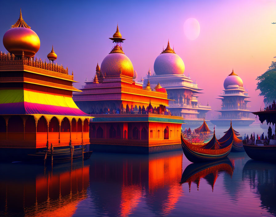 Fantastical palace with colorful domes and arches by tranquil waters at sunset