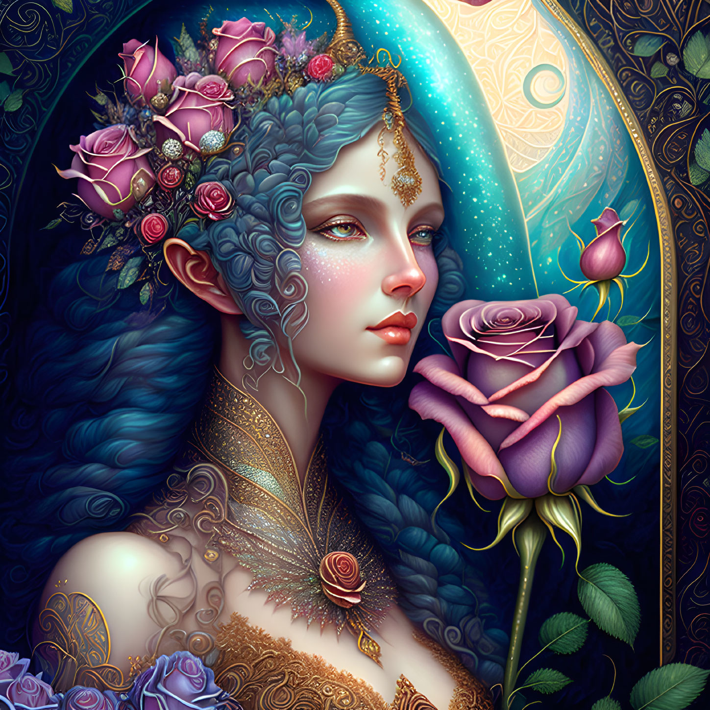 Fantasy illustration of woman with blue curly hair, floral accessories, golden jewelry, and purple rose on