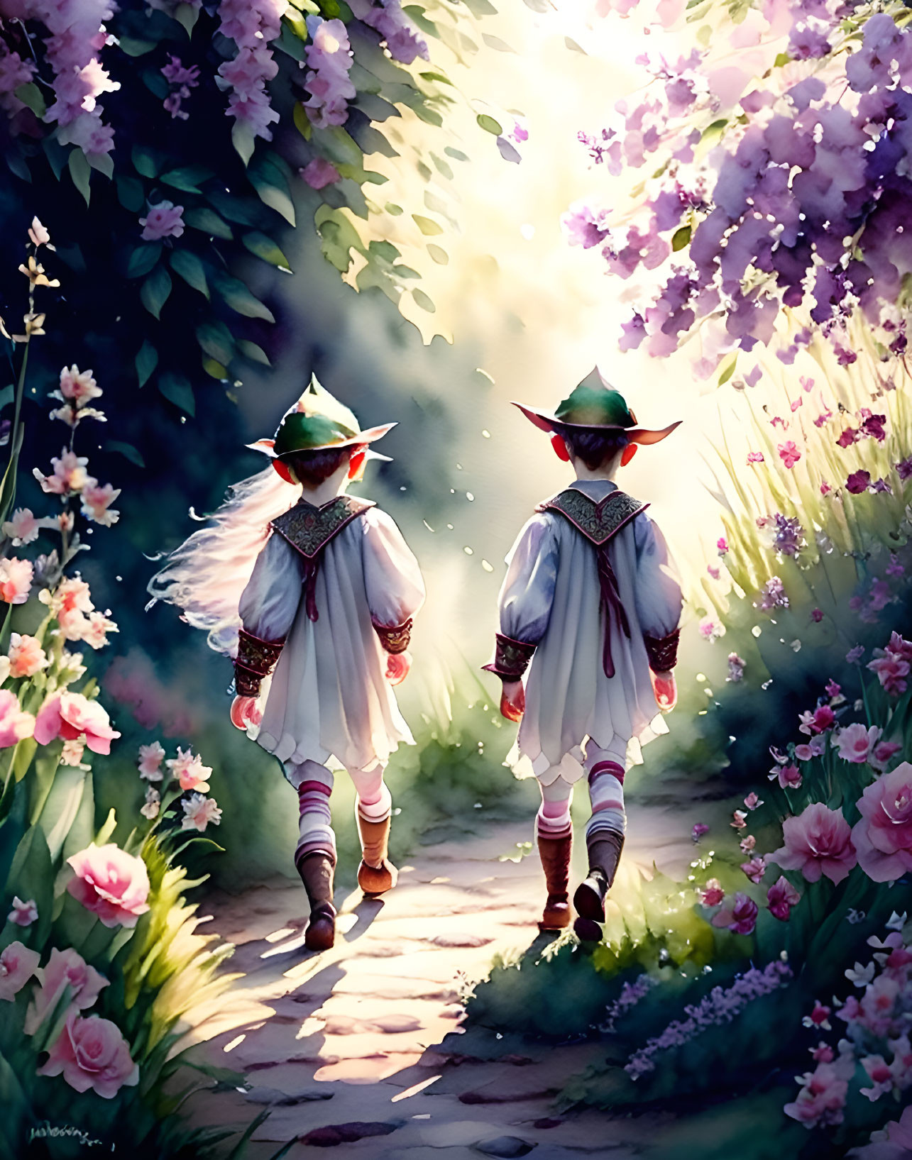 Children in whimsical attire stroll through flower-lined path in fantastical garden