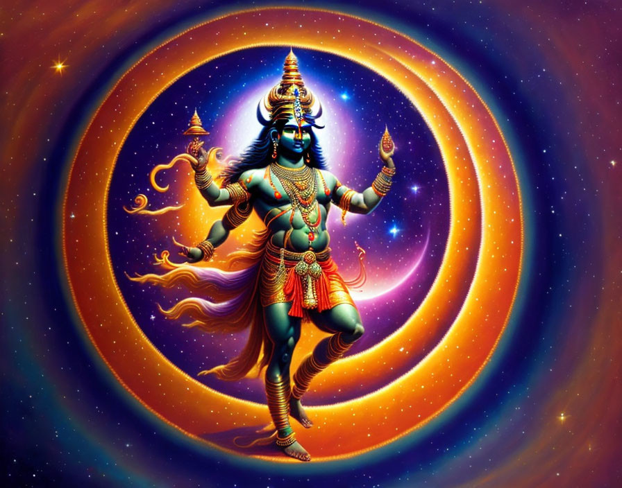 Colorful portrayal of a multi-armed deity with ornate jewelry in cosmic setting