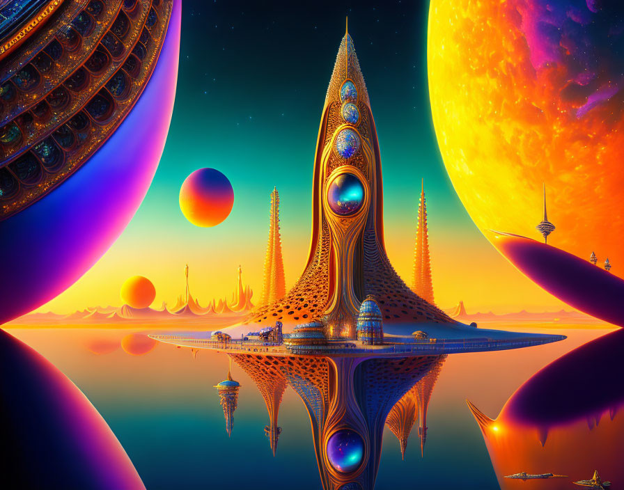 Vibrant sci-fi landscape with towering spire, reflective water, alien planets, colorful nebula