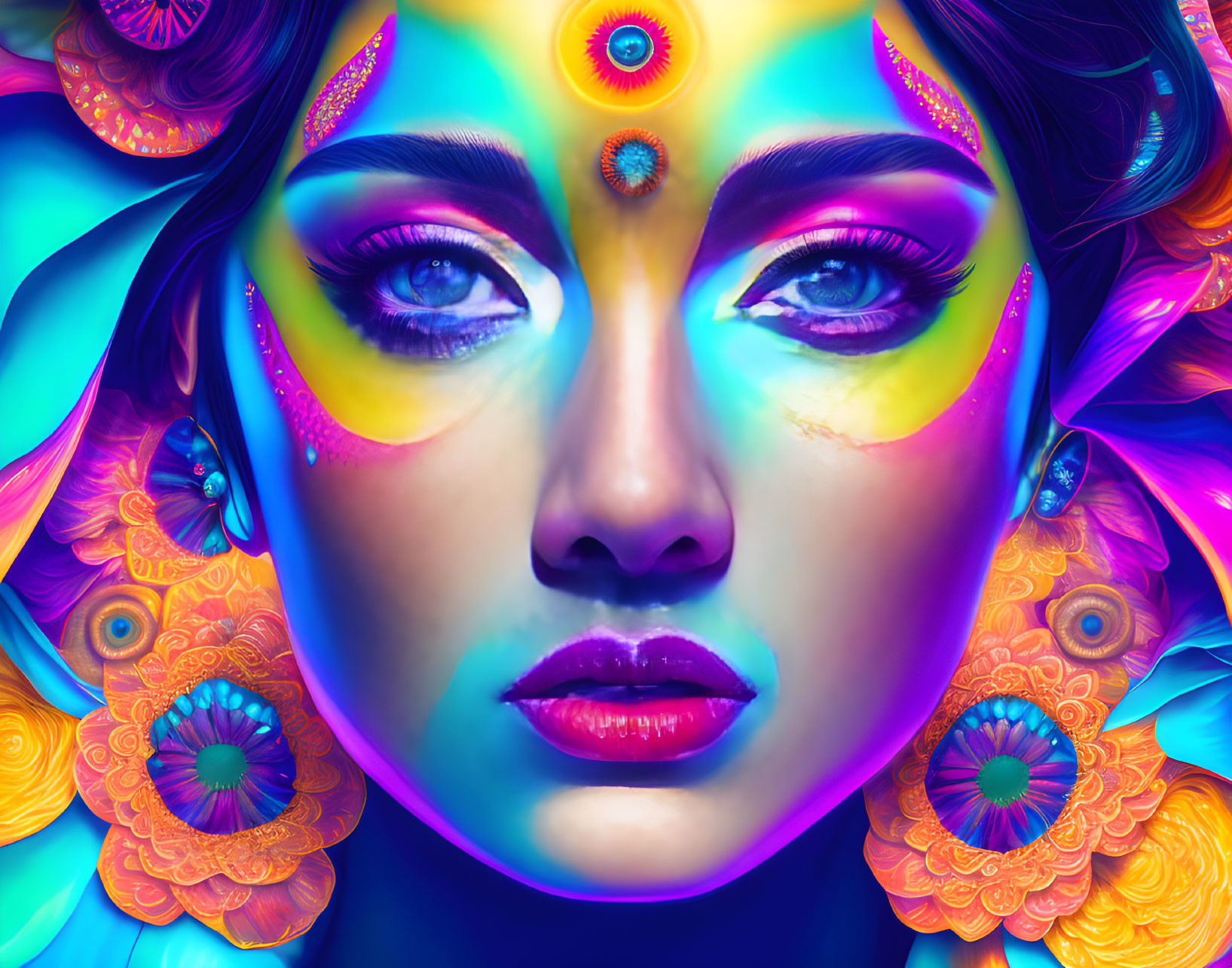 Colorful digital portrait of a woman with psychedelic makeup and floral patterns.