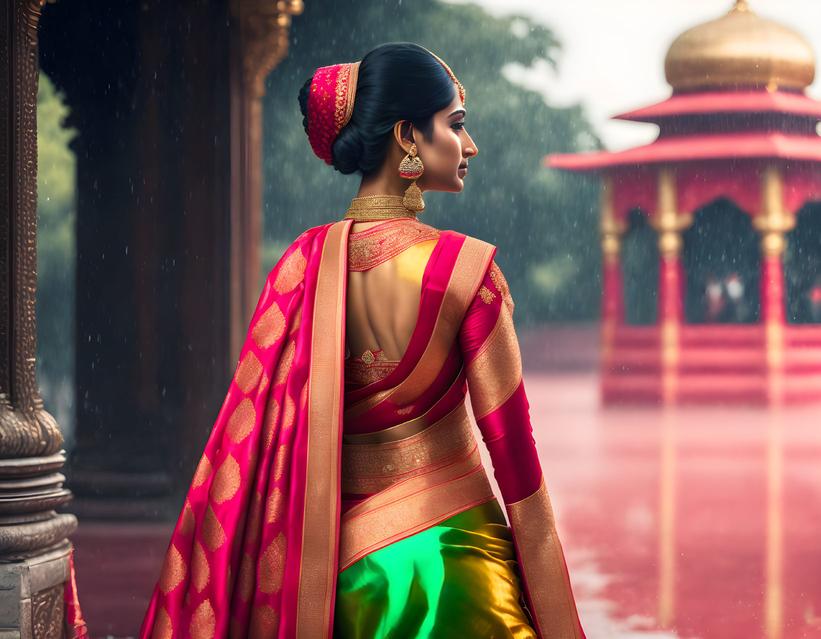 Elegant woman in pink and green saree with traditional jewelry in rainy backdrop