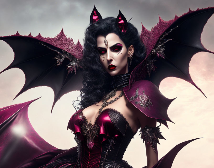 Gothic woman with bat-like wings and vampiric aura in dark costume