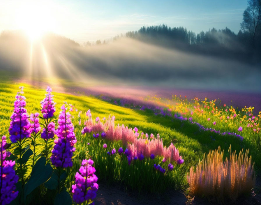 Tranquil sunrise scene with blooming field and misty hills