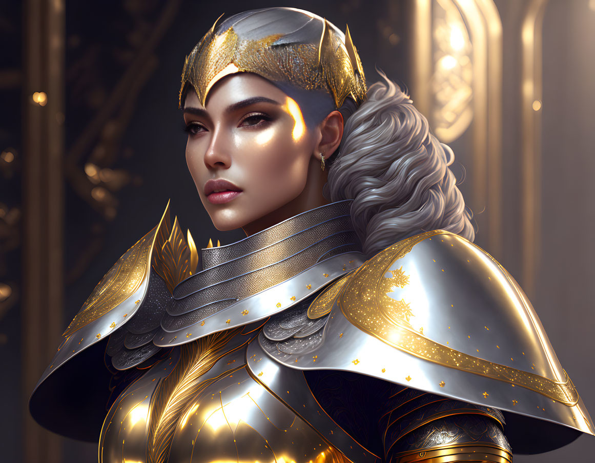 Regal woman in golden armor with fur cloak and mystical patterns