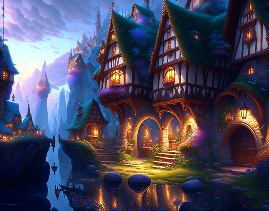 Cozy medieval-style cottages in fantasy landscape with river and mountains