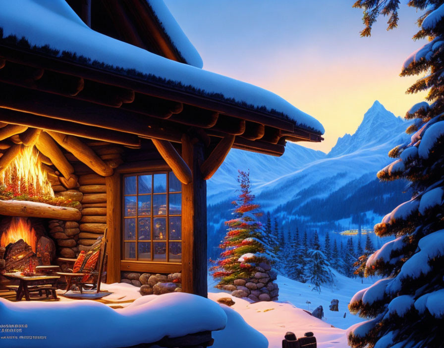 Snow-covered cabin with fireplace and festive decorations in winter dusk