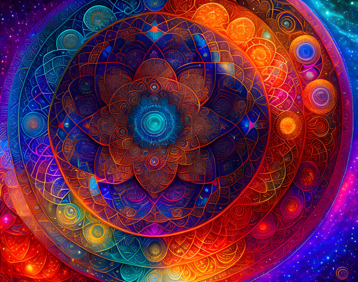 Colorful Mandala Artwork with Gradient and Cosmic Background