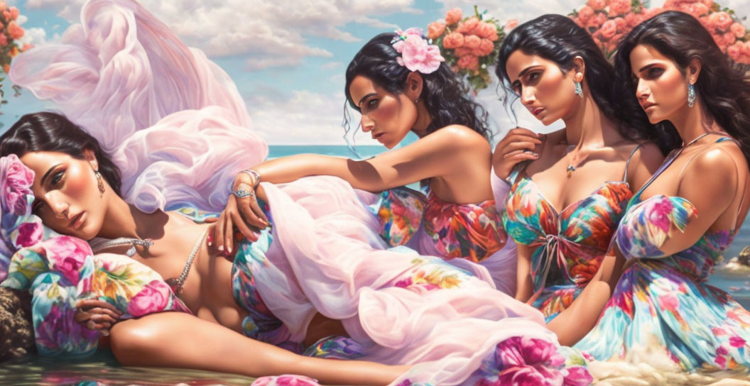 Three women in floral dresses reclining against cloud and flower backdrop