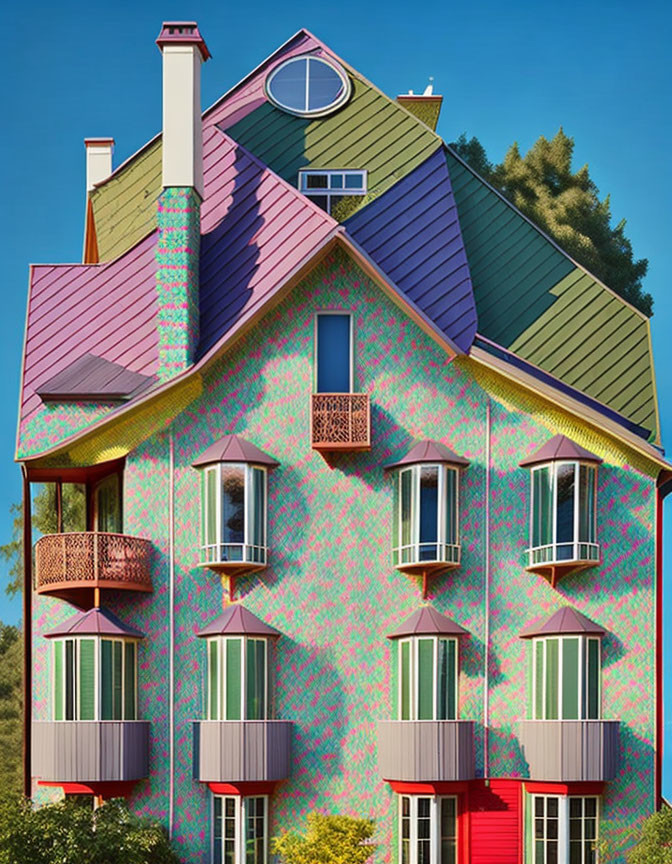 Vibrant three-story house with patterned walls, green roof, balconies, chimney, and