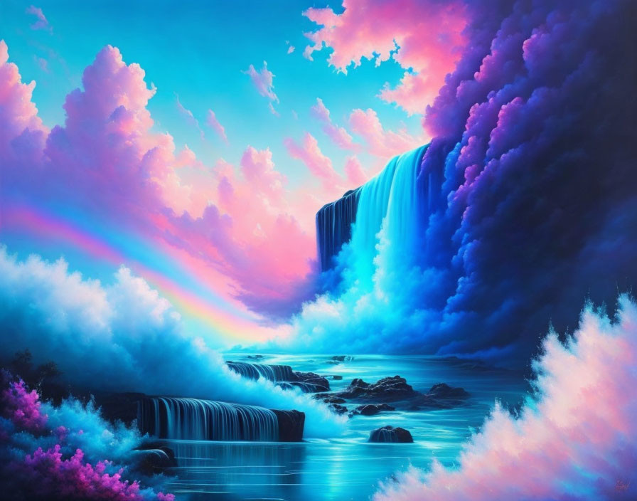 Surreal digital artwork of vibrant landscape with waterfalls and colorful sky