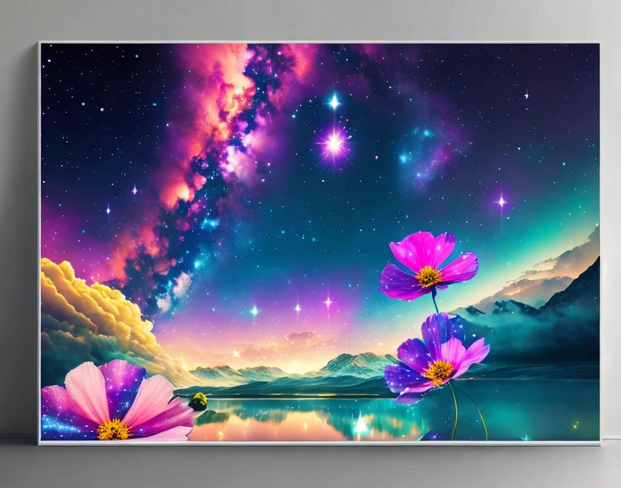 Surreal cosmic landscape with pink flowers and starry sky on canvas print