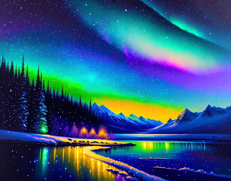 Majestic aurora borealis over snowy mountain range and lake