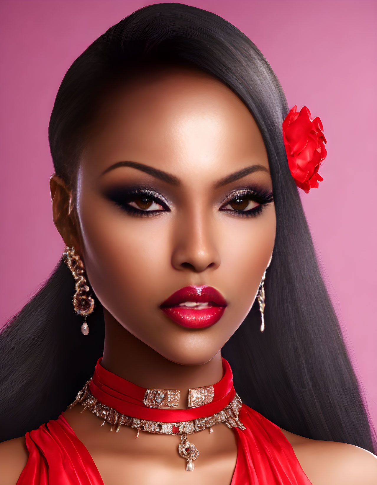 Woman with Dramatic Makeup and Red Accessories on Pink Background