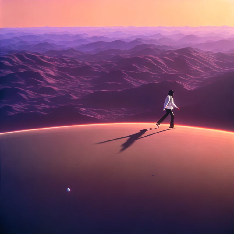 Person walking on glowing edge of surreal purple landscape under gradient sky