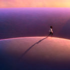 Person walking on glowing edge of surreal purple landscape under gradient sky