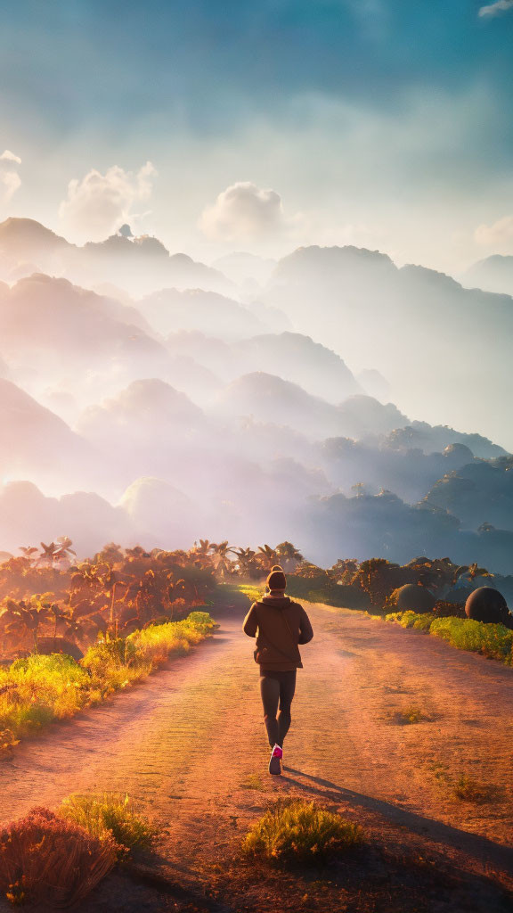 Scenic mountain path jogging at sunrise with mist and light rays