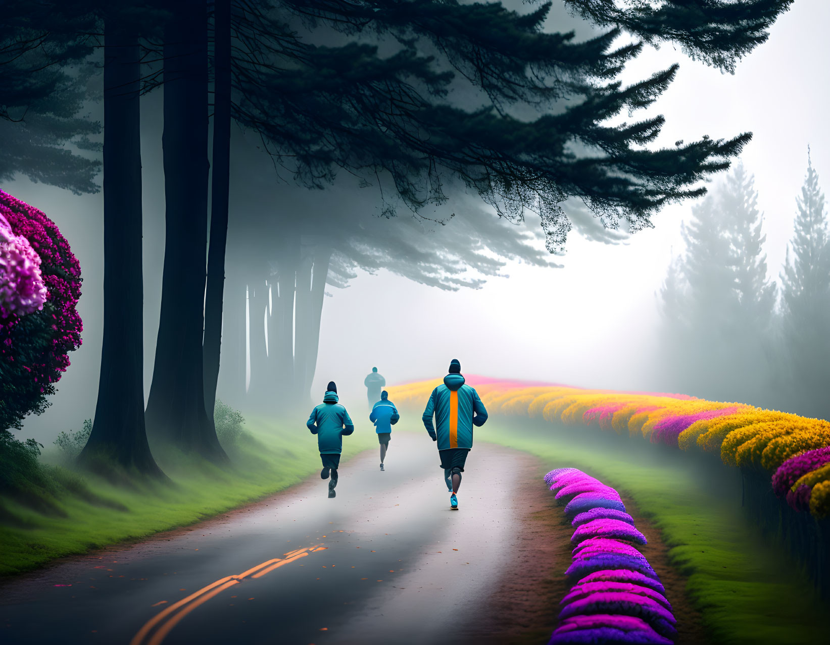 Four People Jogging on Misty Forest Path with Colorful Flowers