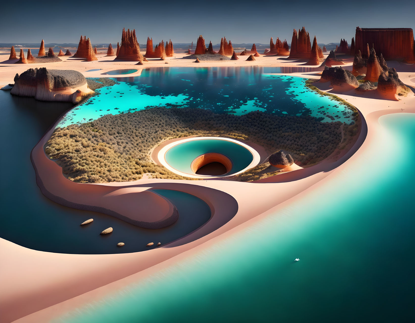 Futuristic landscape featuring oasis, sand formations, vegetation, and sinkhole.