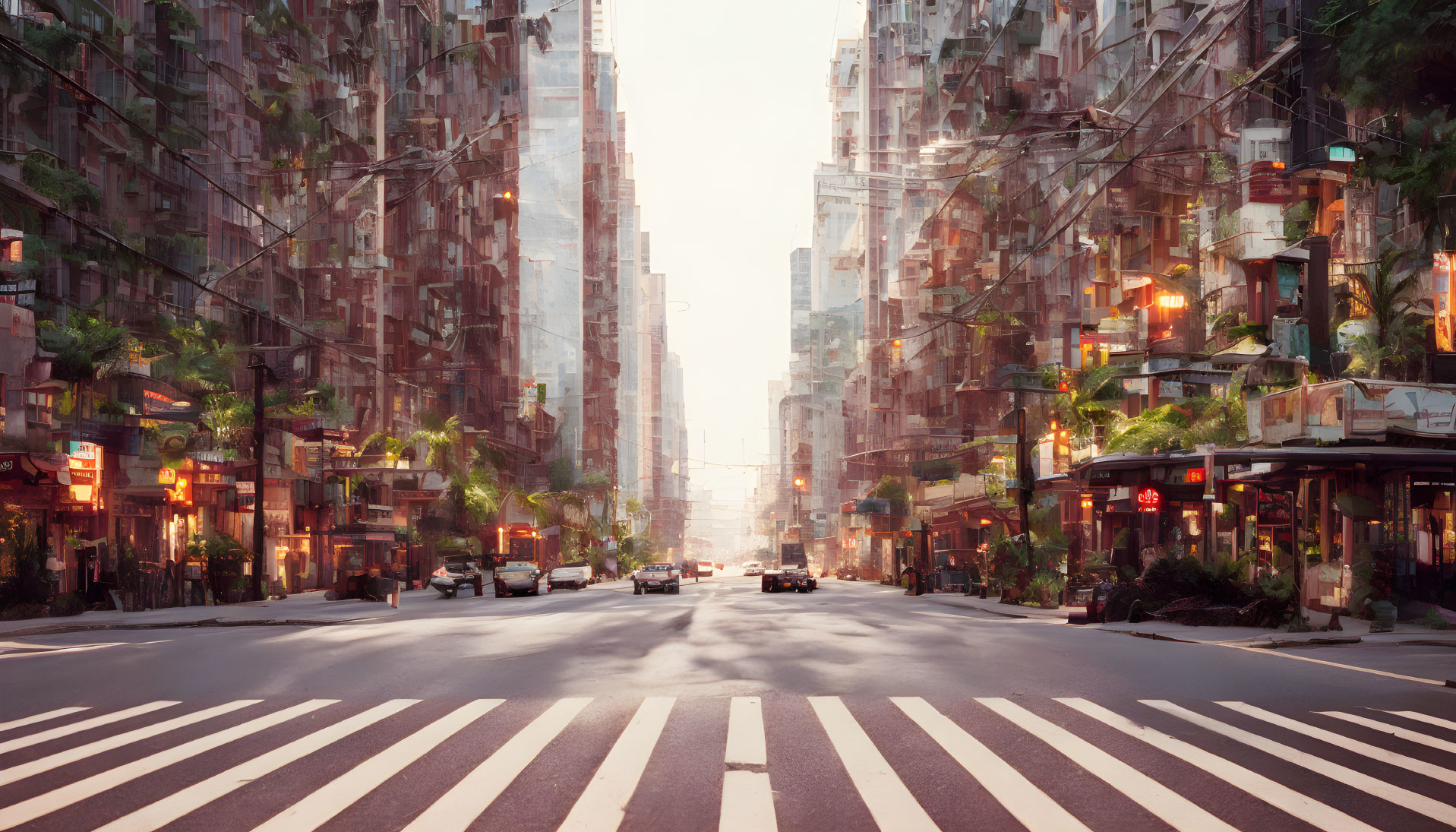 City street at sunset with balconies and crosswalk