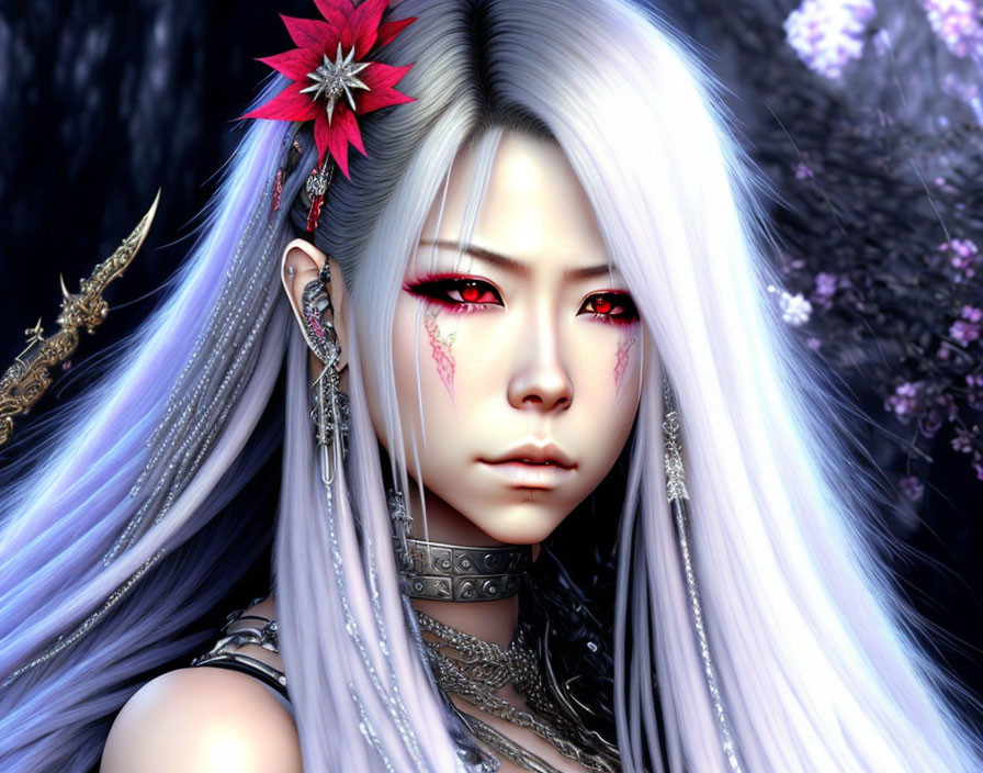 Silver-haired female character with red eyes and floral tattoo in digital art.