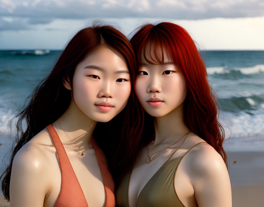 Two women with red hair on the beach in orange and gold tops, looking at the camera