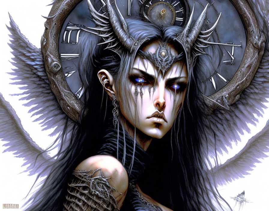 Fantasy character with ornate headgear, horns, white wings, and armor details