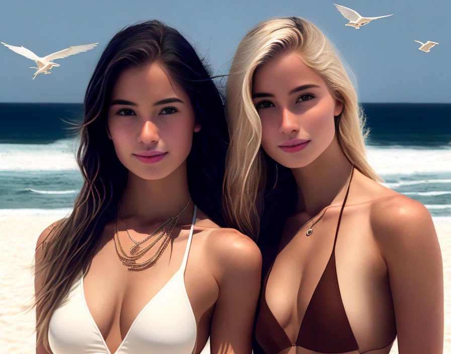 Two women posing in swimwear on beach with seagulls and waves.