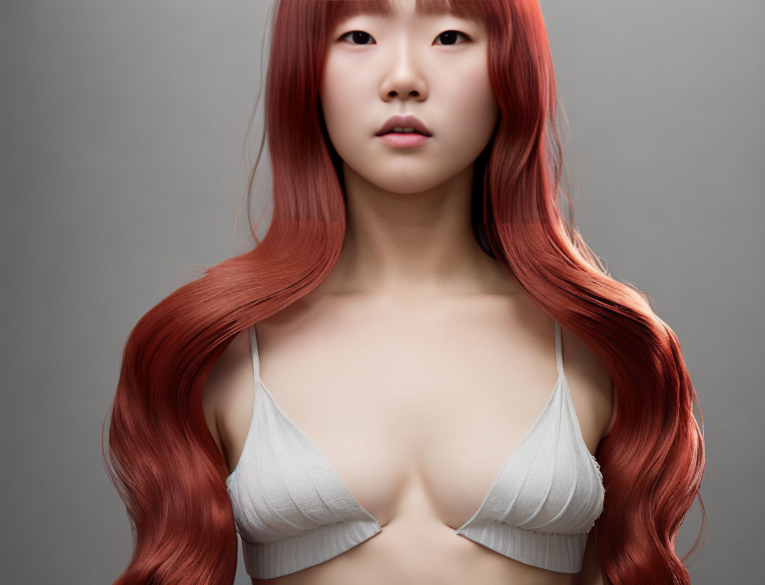 Red-haired woman in white bra on grey background