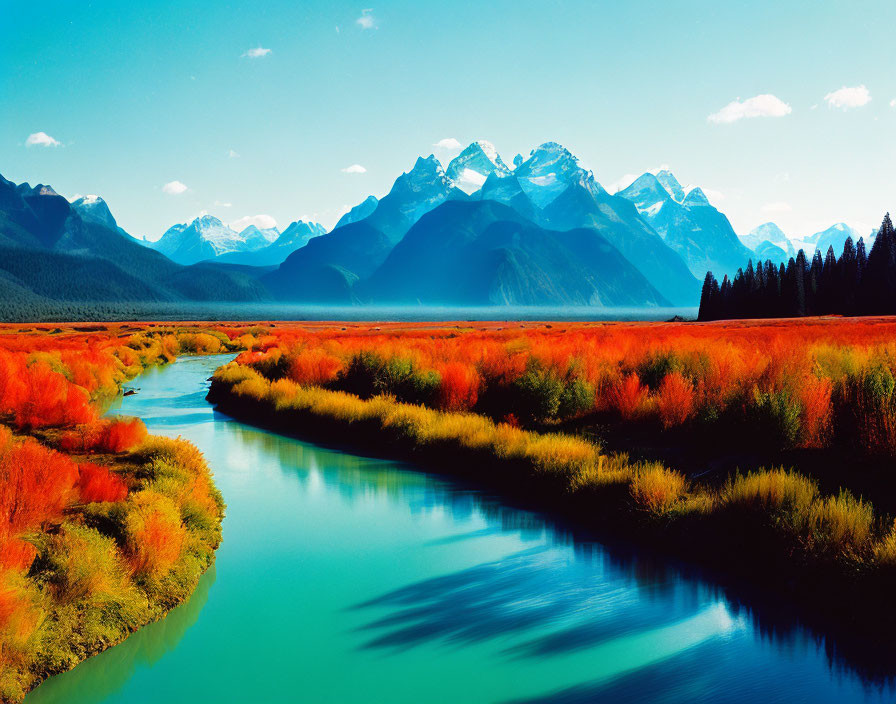 Scenic landscape with turquoise river, red-orange foliage, snow-capped mountains