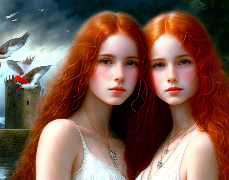 Red-haired twin girls in digital art with castle backdrop and flying birds