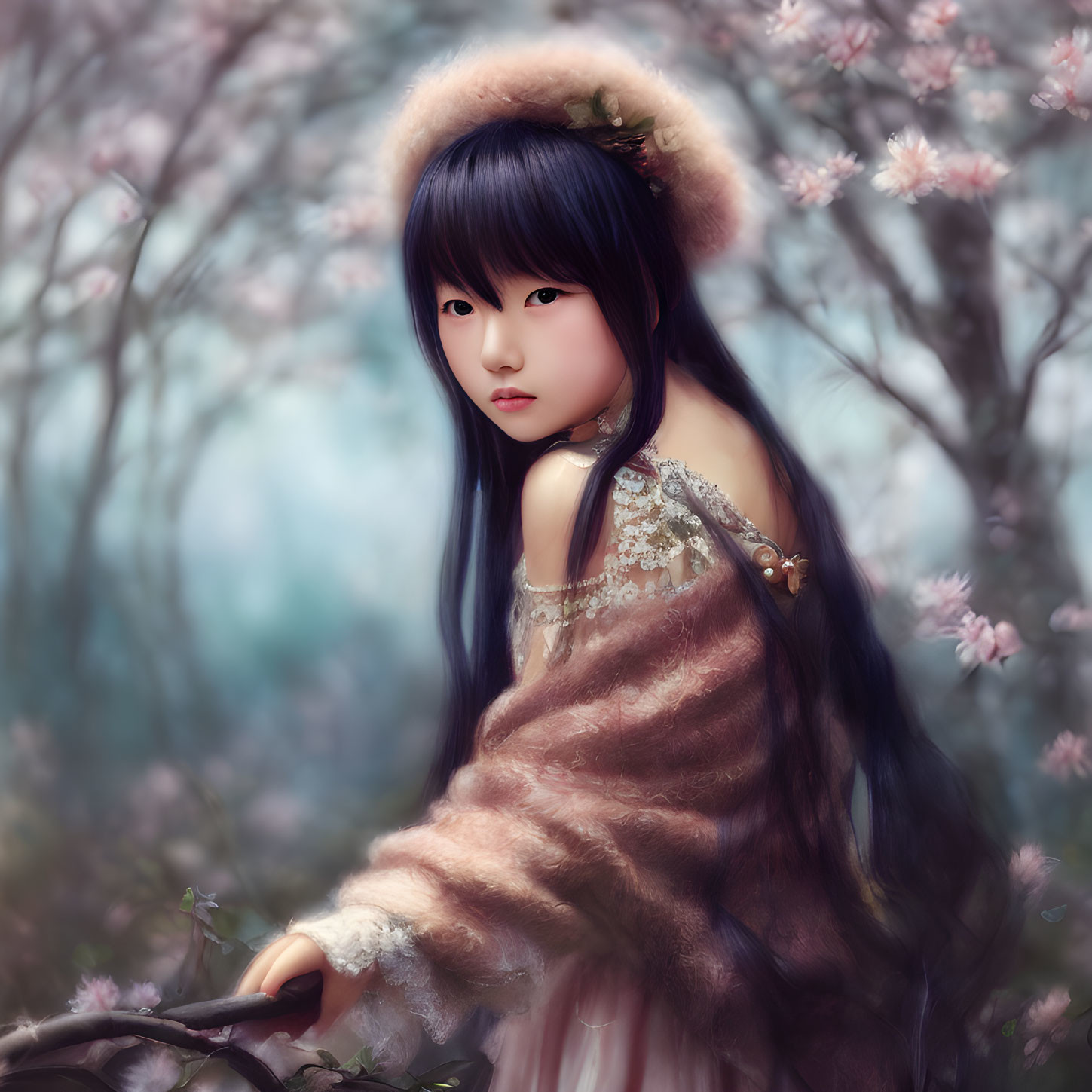 Girl with Long Dark Hair in Fluffy Coat Amidst Cherry Blossoms