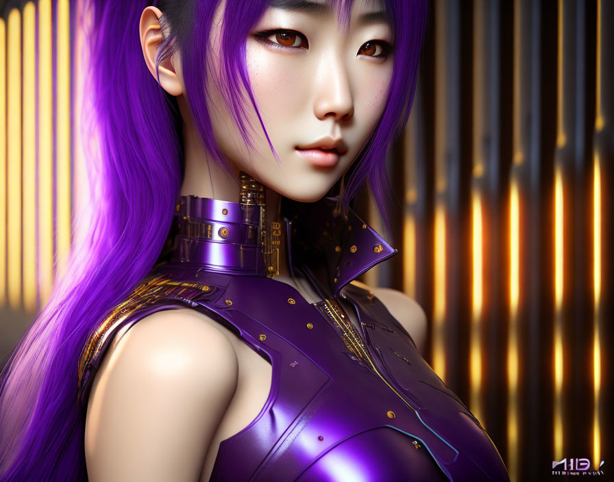 Digital Artwork: Woman with Purple Hair in Cybernetic Attire on Glowing Striped Background