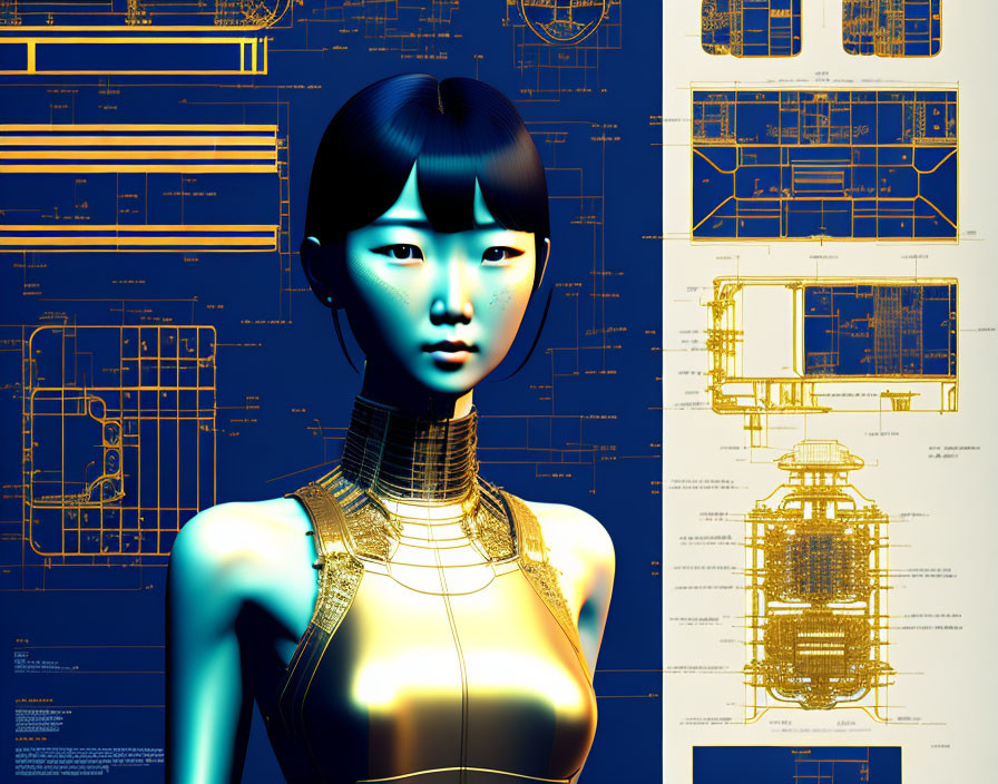 Futuristic Asian female character in 3D-rendered digital art with technical blueprints