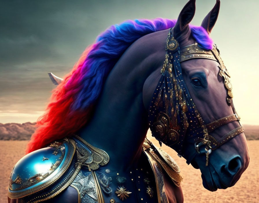 Majestic horse with blue and purple mane and celestial armor in desert setting