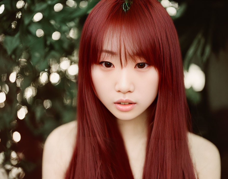 Young woman with long red hair and bangs in front of blurred greenery.