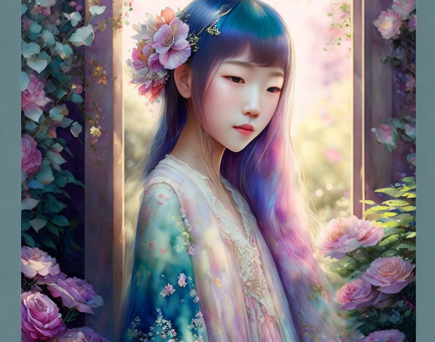 Illustration of girl with multicolored hair in traditional attire among roses and foliage