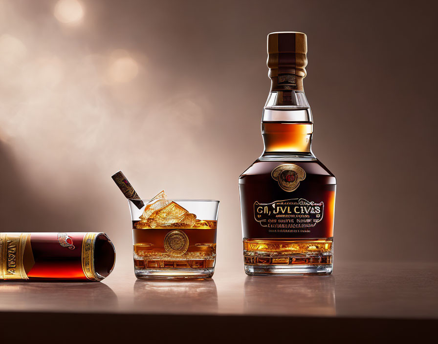 Whiskey bottle, glass, and ice on reflective surface with warm backdrop