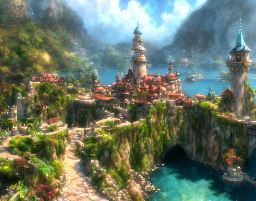 Enchanting fantasy village by a serene lake with stone towers and lush greenery