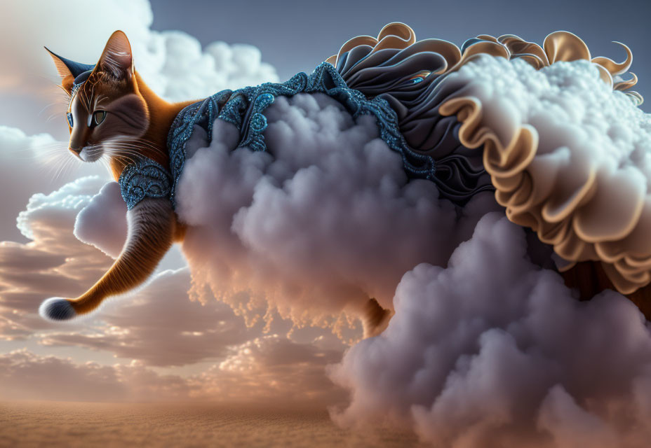 Surreal cat with cloud cloak in sky scenery