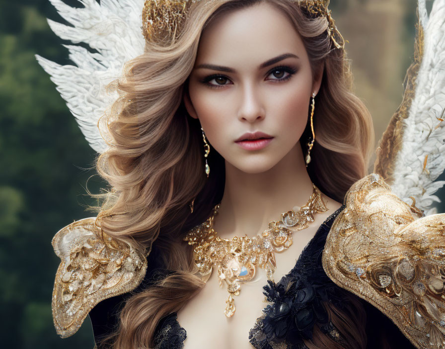 Regal woman with angel wings and gold jewelry in dark dress