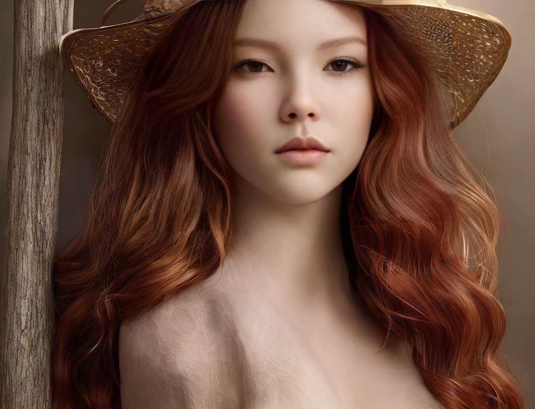 Digital portrait of woman with auburn hair and golden hat in serene expression against soft-focus backdrop.