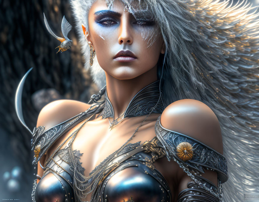 Female warrior digital art portrait with silver hair, blue facial markings, ornate armor, and feathered