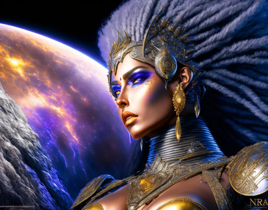 Elaborate gold and blue makeup on female warrior in cosmic setting