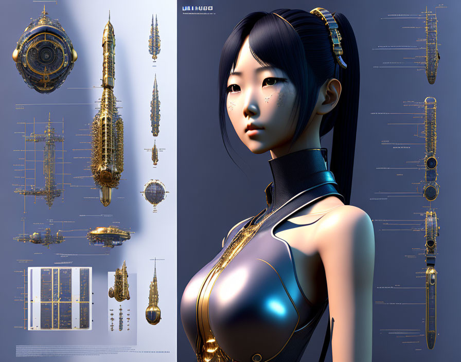 Futuristic Female Android with Blue Hair & Drone Schematics in Blueprint Style