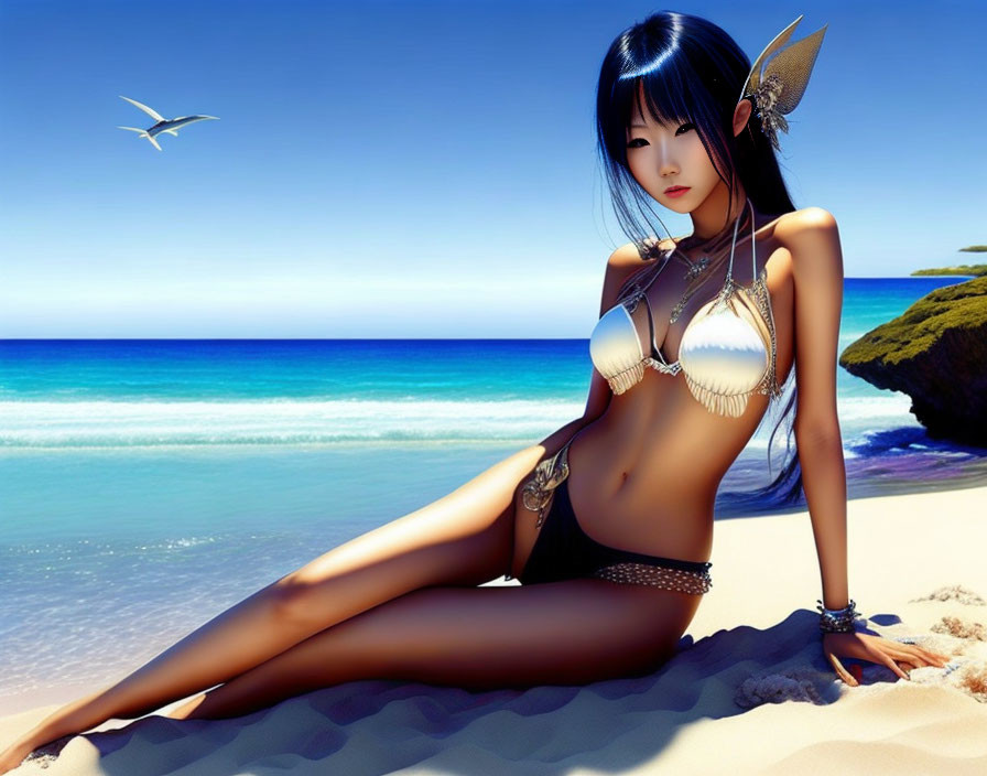 Fantasy character with blue hair in bikini on beach with elf-like ears