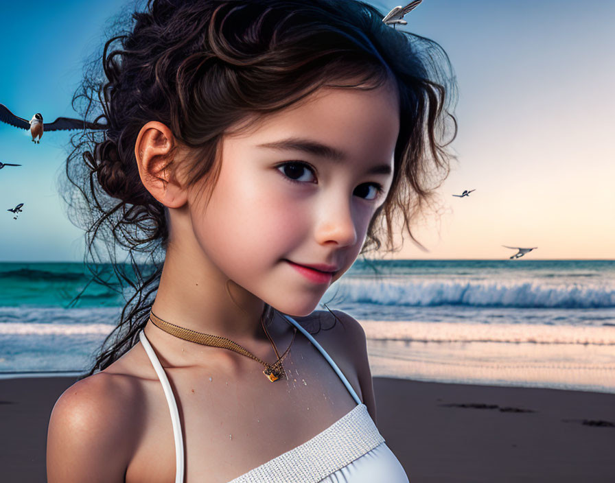 Young girl in white dress smiling on beach at sunset