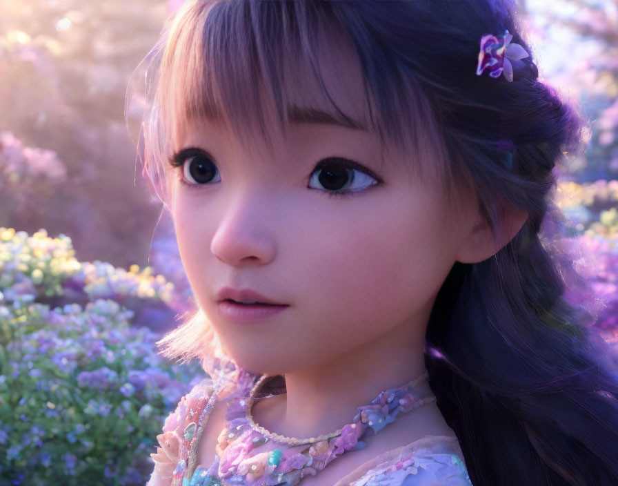 Animated girl with large eyes and braided hair with butterfly clip in purple flower setting.